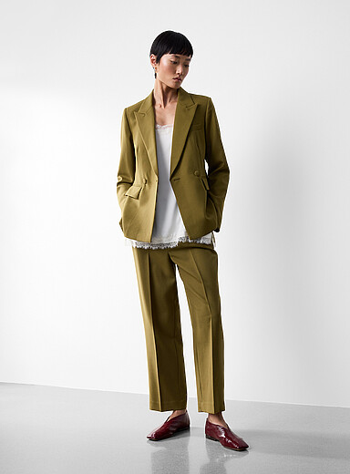 Contemporaine Green Wool-blend piqu&eacute; pant <b>Fit: Straight leg, mid rise</b> for women