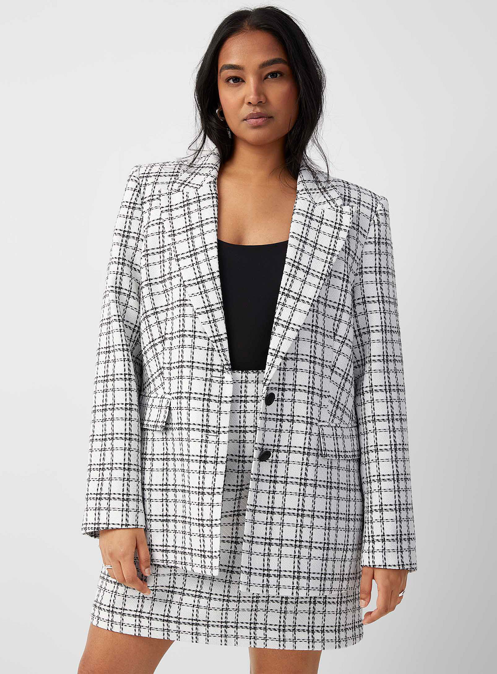 Contemporaine Black And White Plaid Tweed Skirt In Patterned White