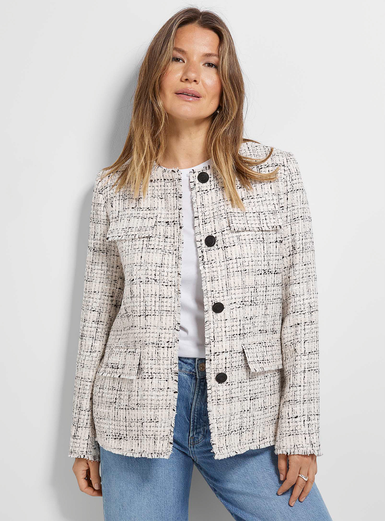 Contemporaine - Women's Flaps long tweed Blazer Jacket