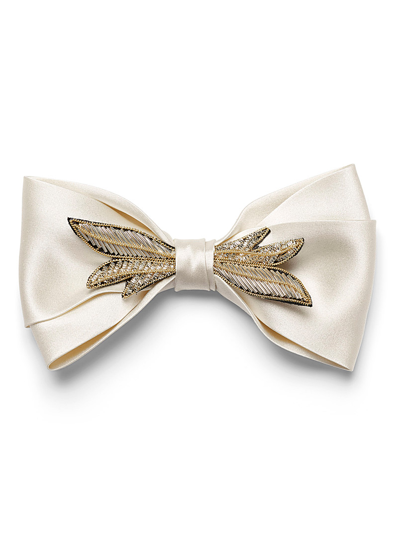 Mani del Sud Ivory White Satiny golden leaves bow tie for men