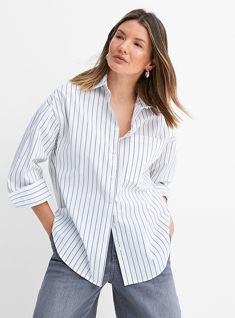 Contemporaine Patterned White Contrasting stripes oversized shirt for women