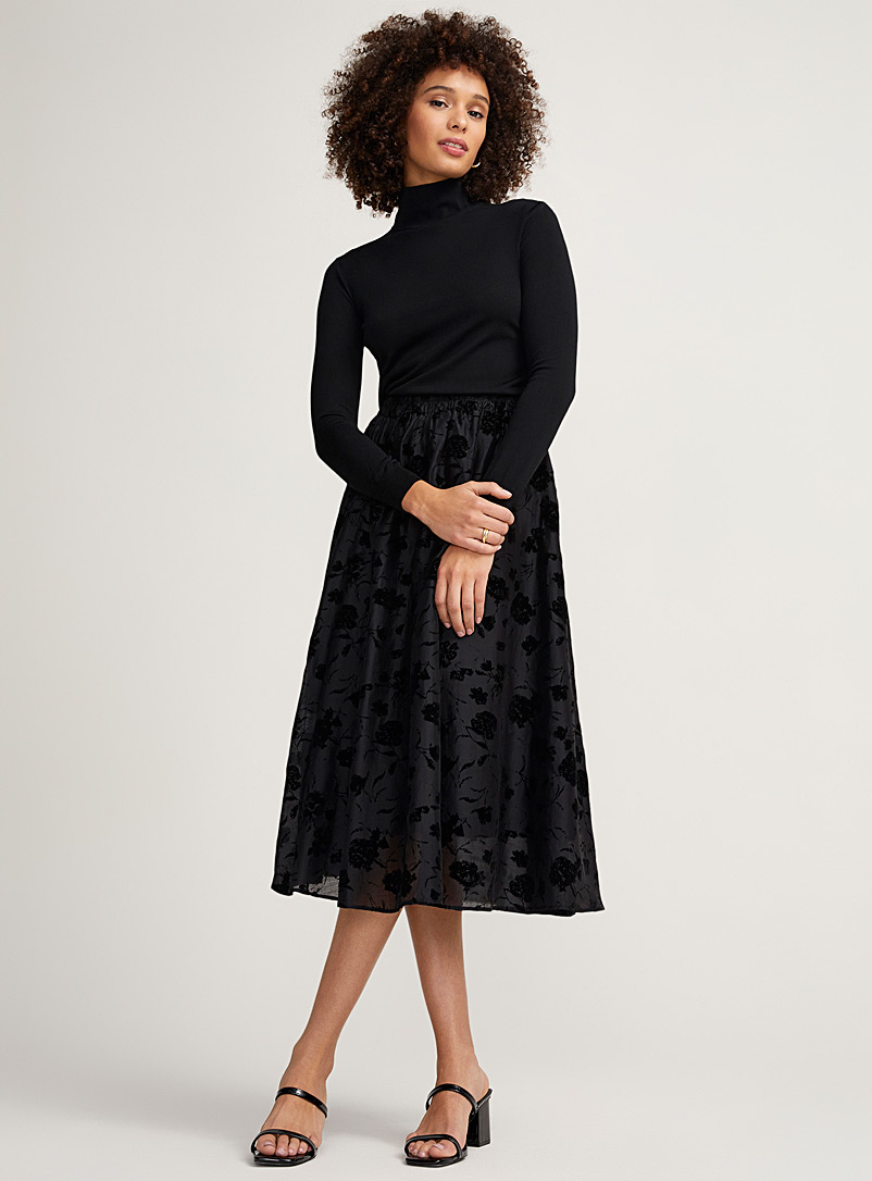 Contemporaine Patterned Black Velvety garden midi skirt for women