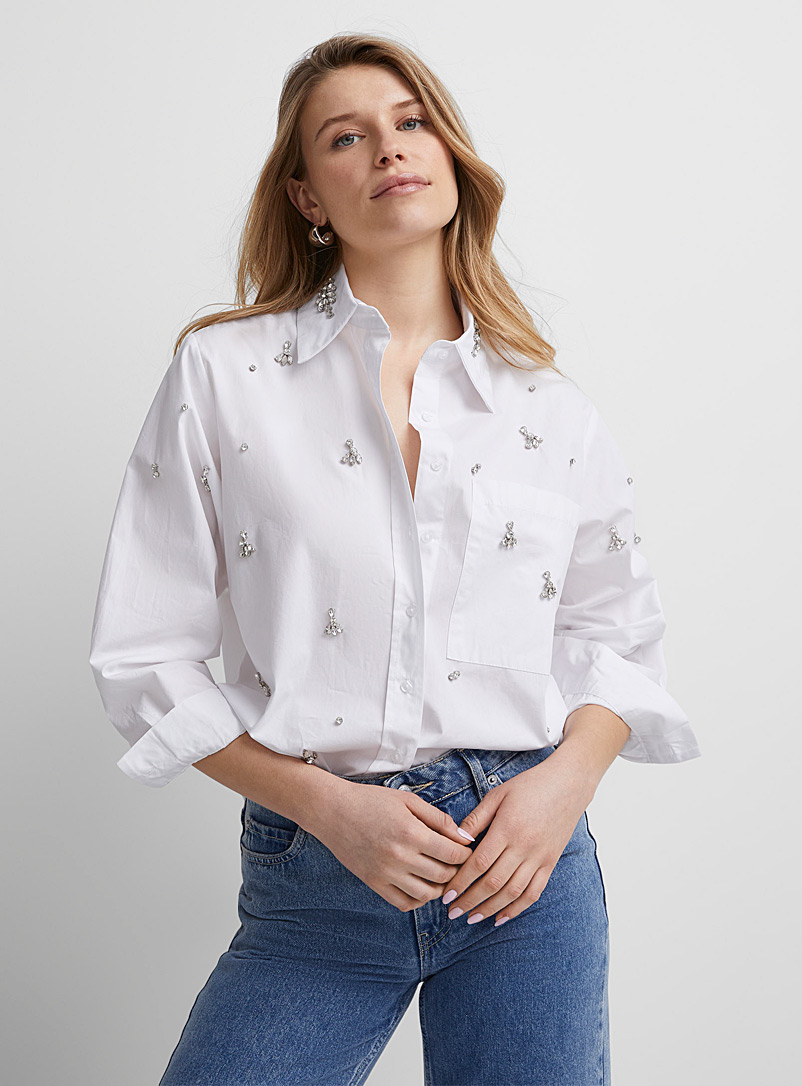 Icône White Crystal flowers poplin shirt for women