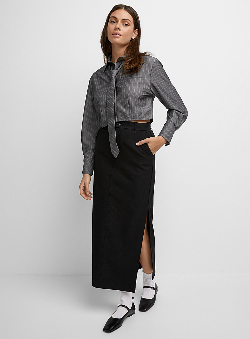 Icône Grey Banker stripes tie cropped blouse for women