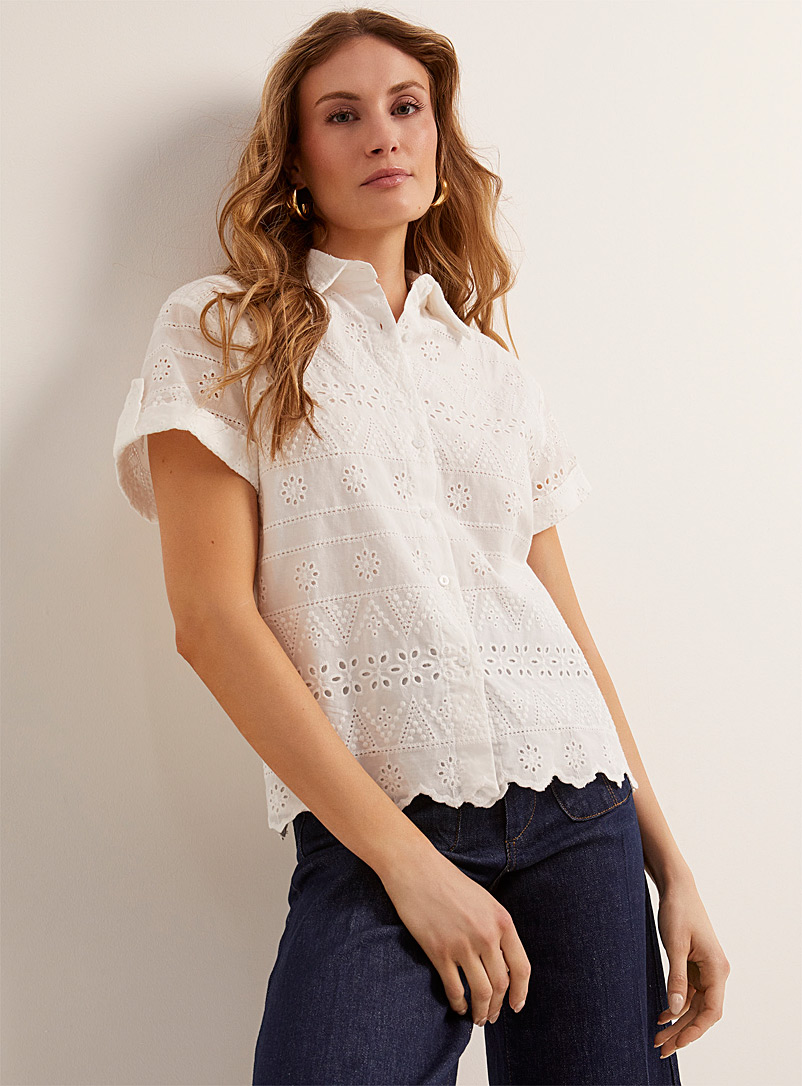 Contemporaine White Scalloped edging broderie anglaise shirt for women