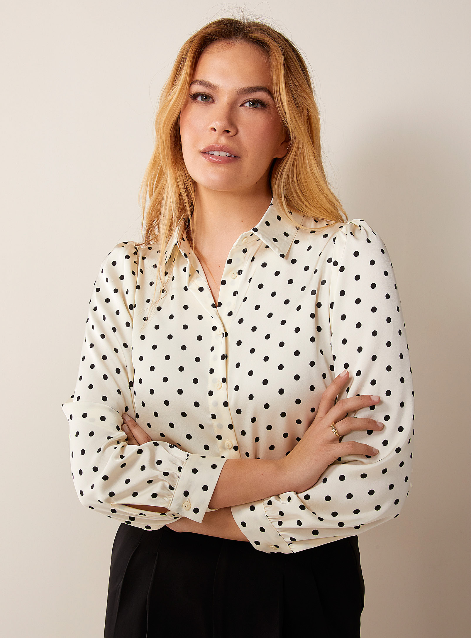 Contemporaine Puff-sleeve Polka Dot Satiny Shirt In Patterned White