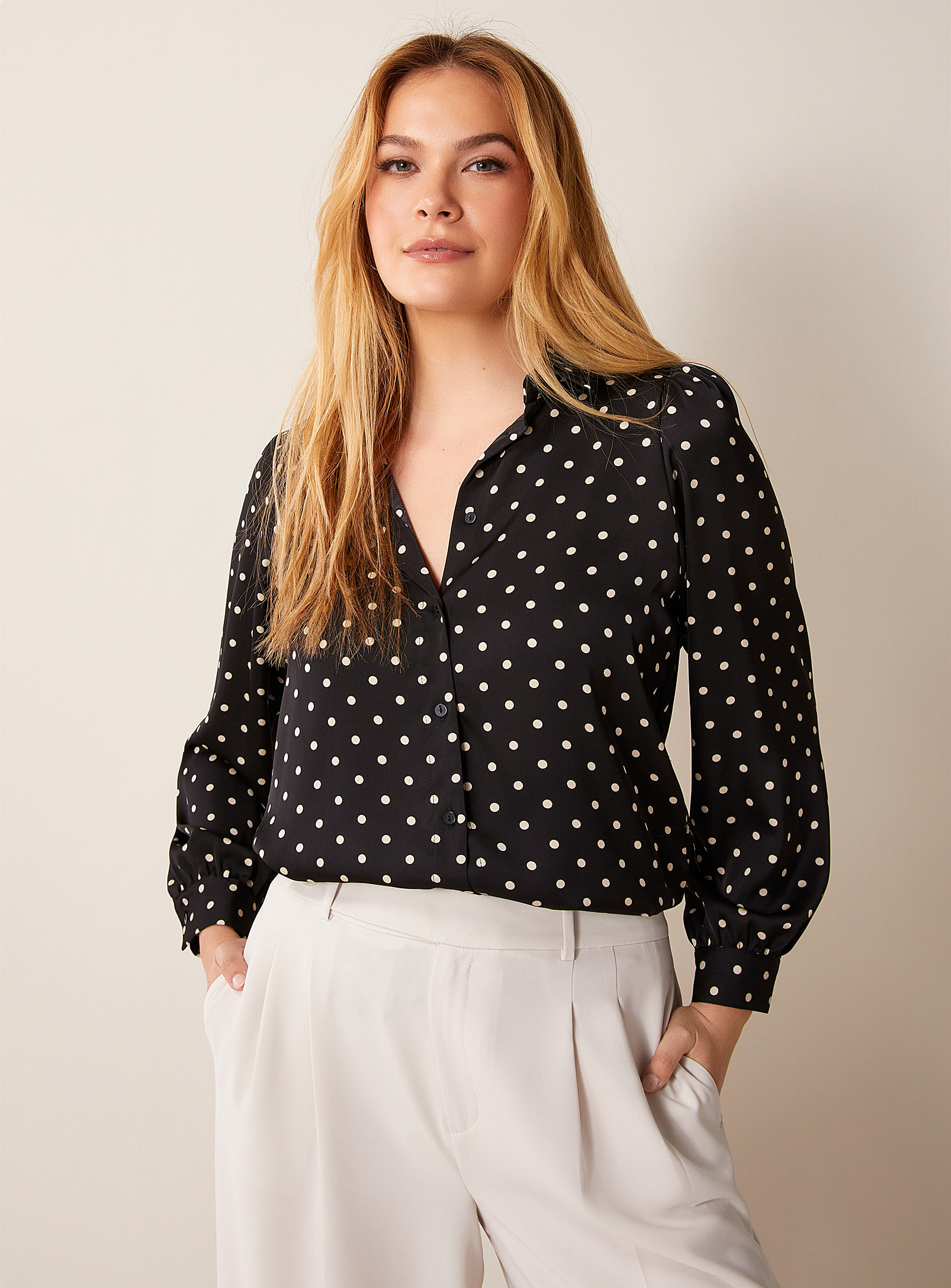 Contemporaine Puff-sleeve Polka Dot Satiny Shirt In Patterned Black