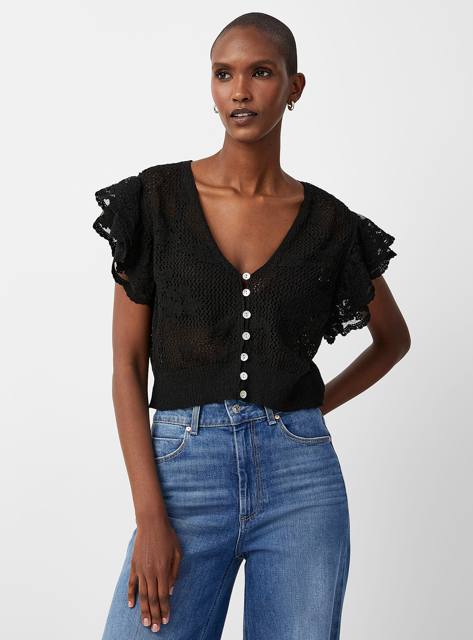 Contemporaine Lace Sleeves Crochet Cropped Cardigan In Black