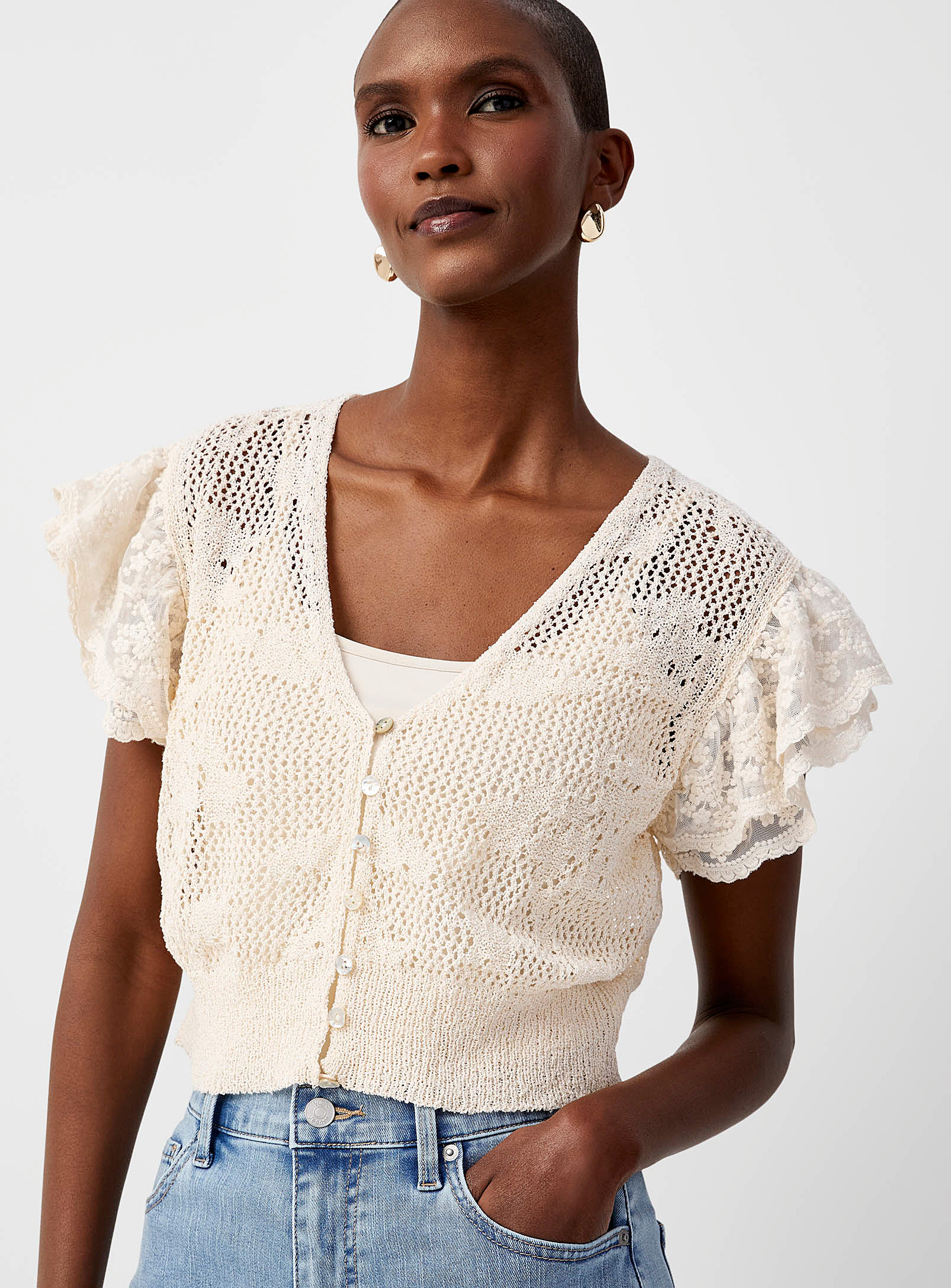 Contemporaine Lace Sleeves Crochet Cropped Cardigan In Ivory/cream Beige
