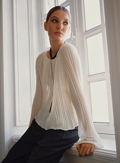 Sheer pleated bell-sleeve sweater