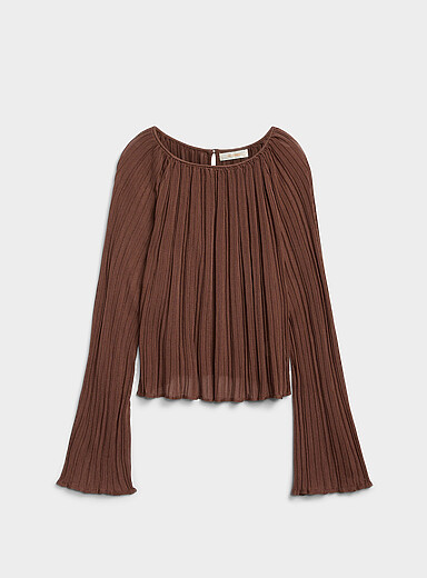 Pleated bell-sleeve sheer sweater