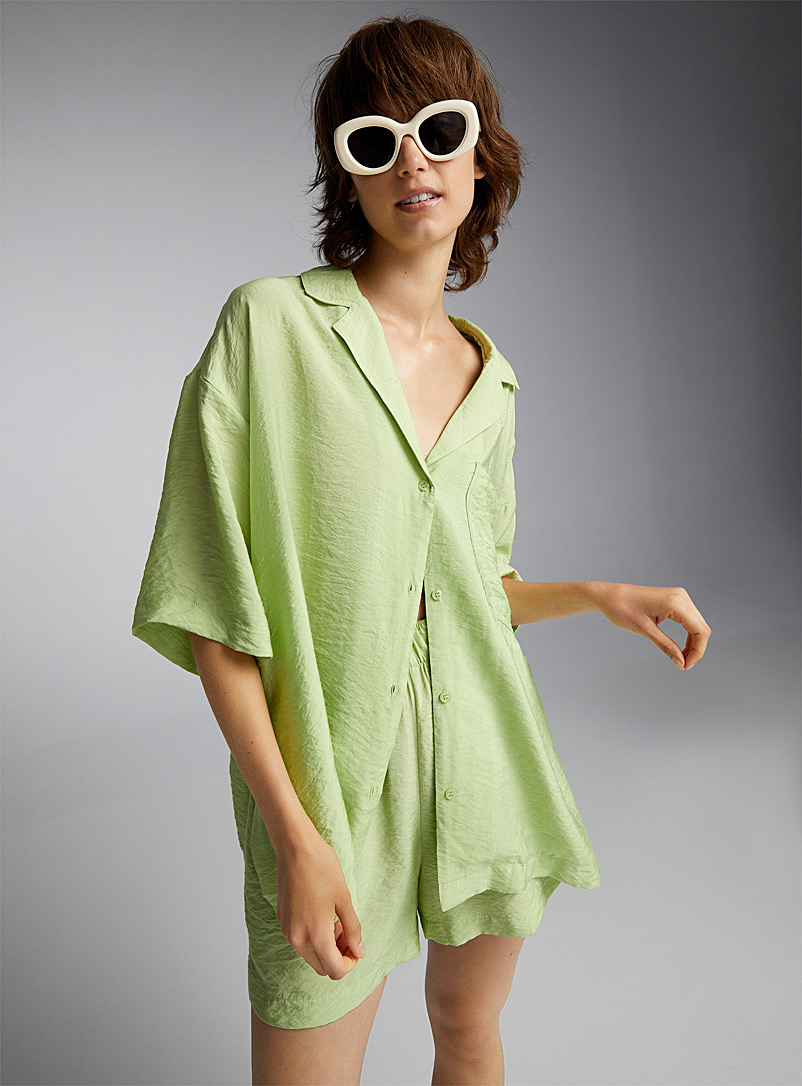 Twik Lime Green Loose and silky open-collar shirt for women
