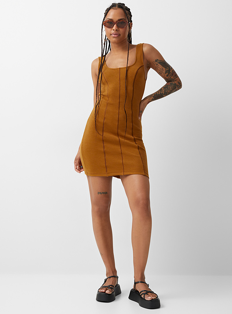 Twik Medium Brown Mini-ribbed fitted dress for women