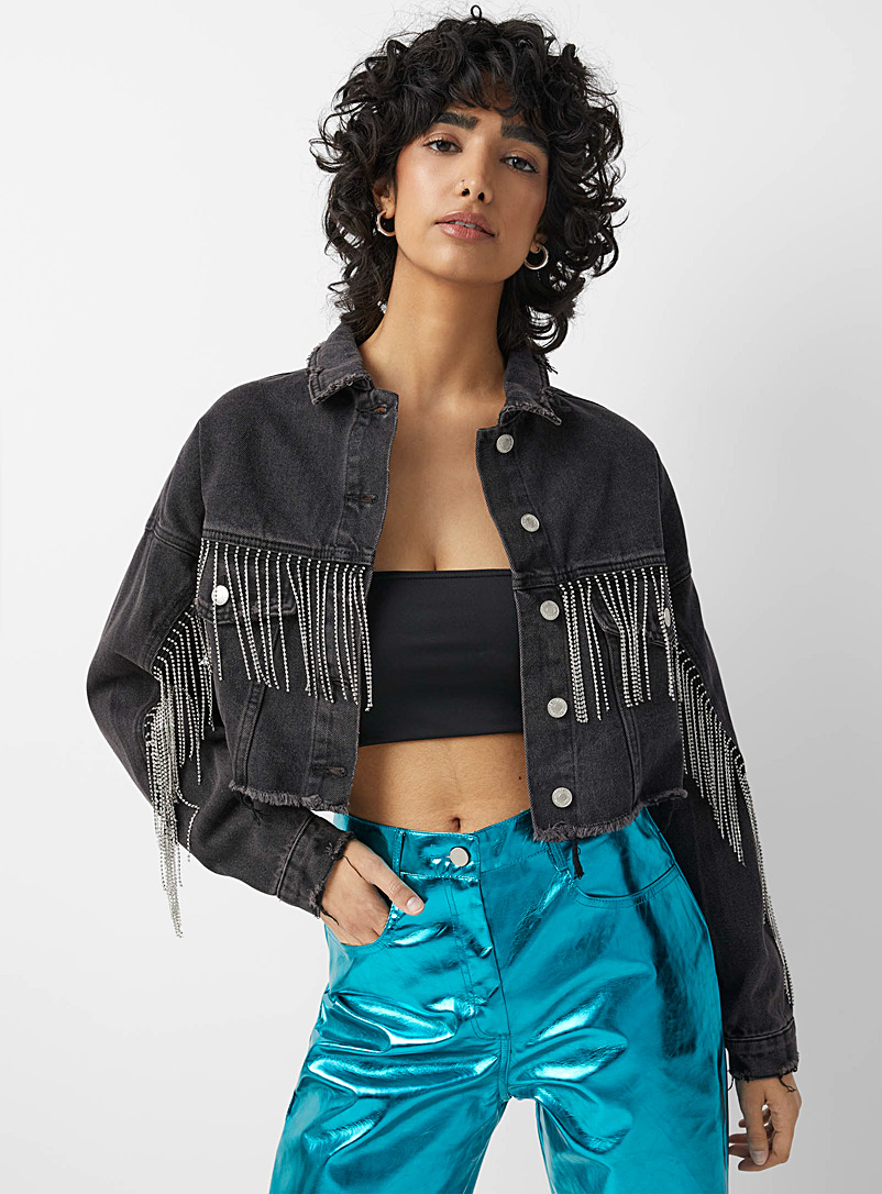 Twik Oxford Rhinestone fringes cropped jean jacket for women