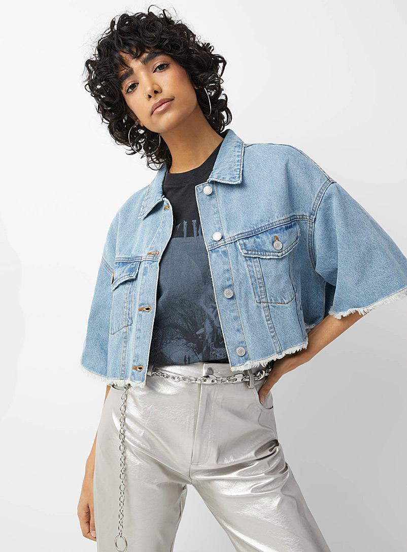 Twik Slate Blue Cropped frayed jean jacket for women