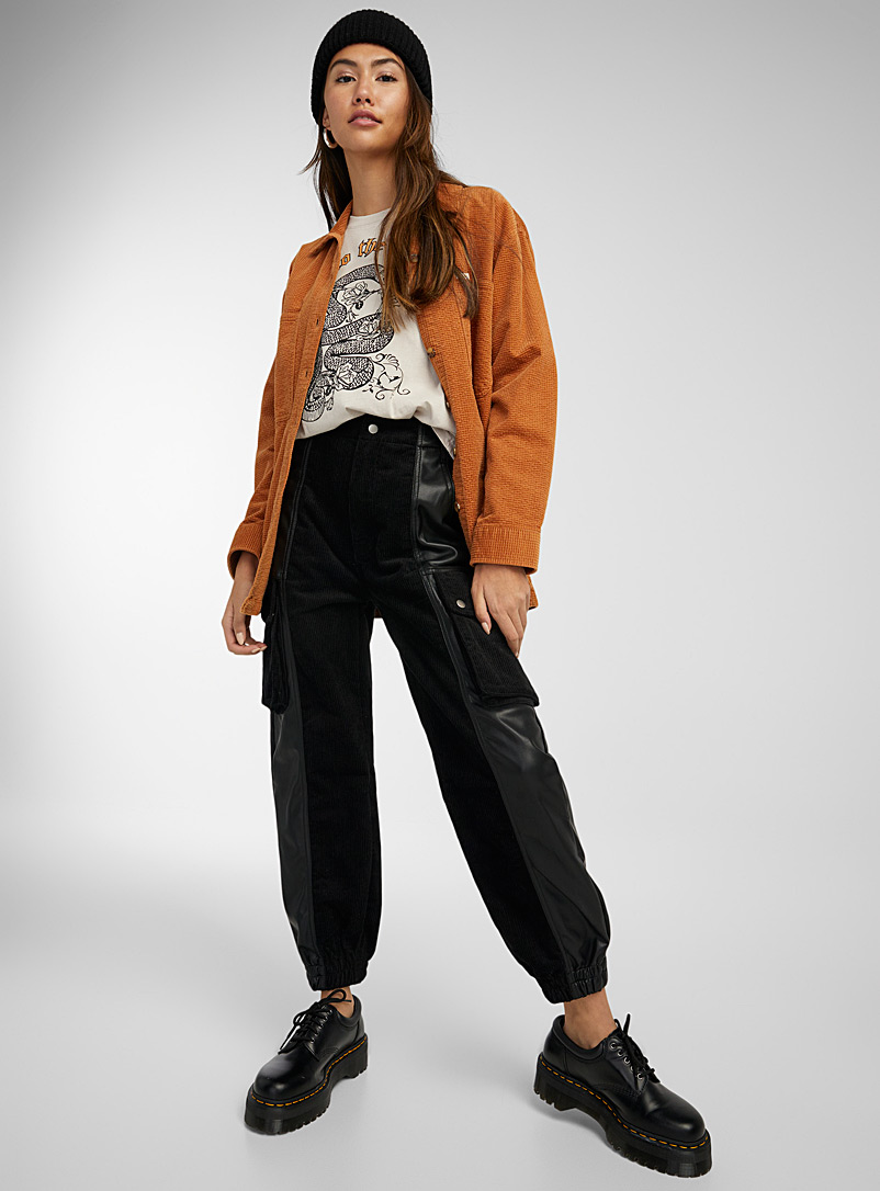 Twik Black Soft corduroy and faux leather cargo joggers for women
