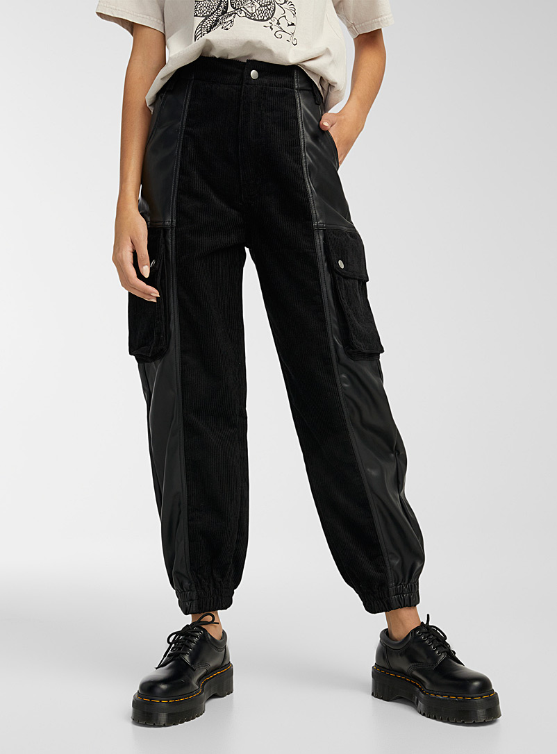 Twik Black Soft corduroy and faux leather cargo joggers for women