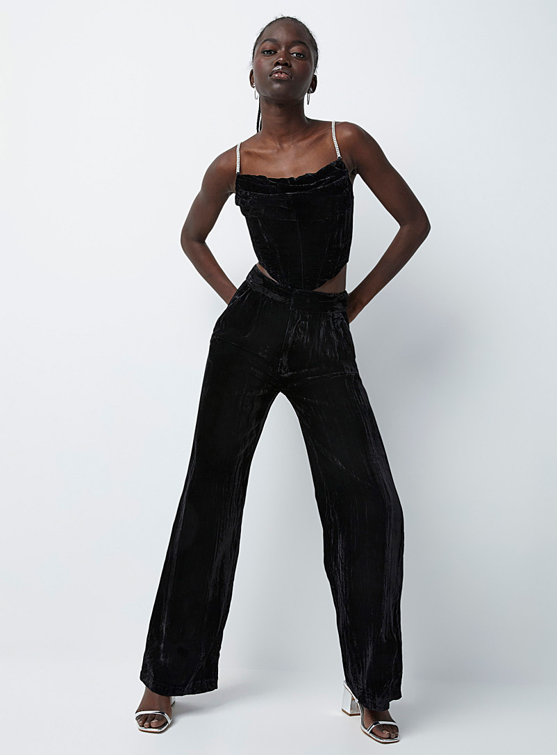 Twik Black Crushed velvet straight-fit pant for women