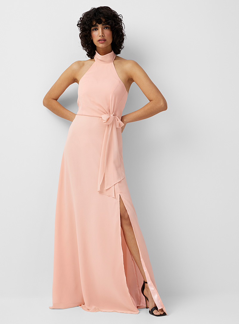 Twik Dusky Pink Accent bow peach halter dress for women