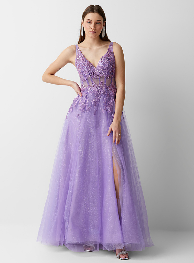 Twik Mauve Floral appliqué purple maxi dress for women