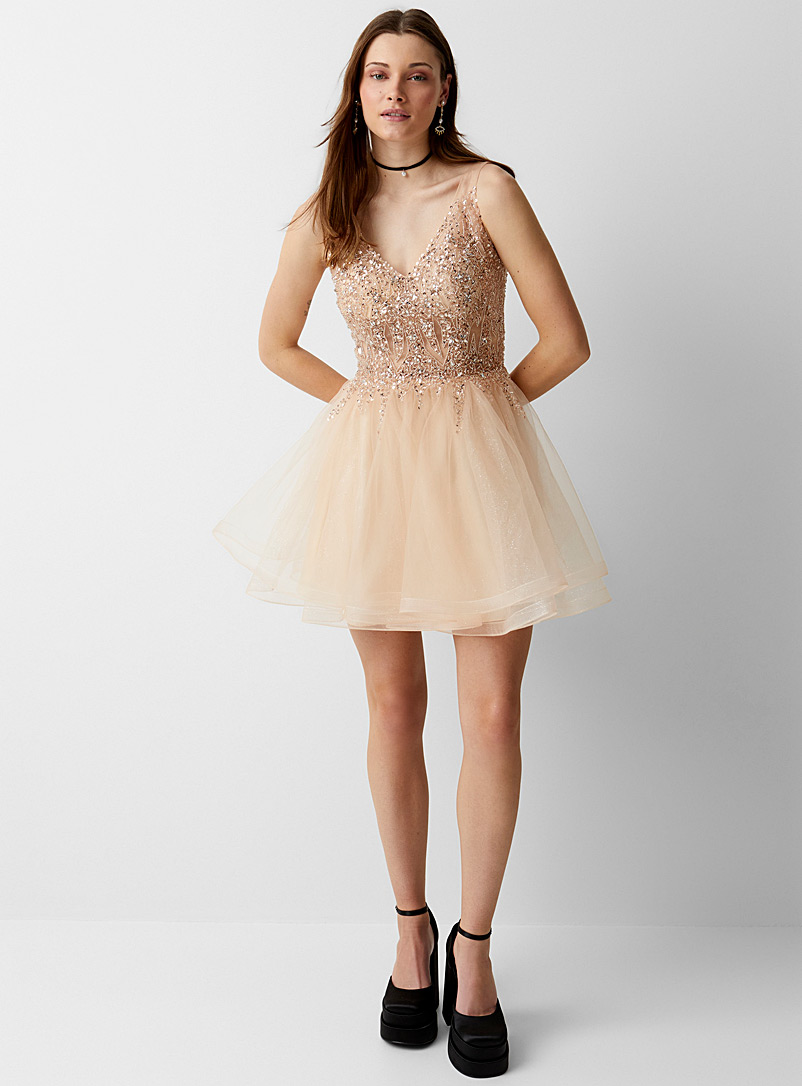Twik Fawn Glittering stones and sequins champagne dress for women