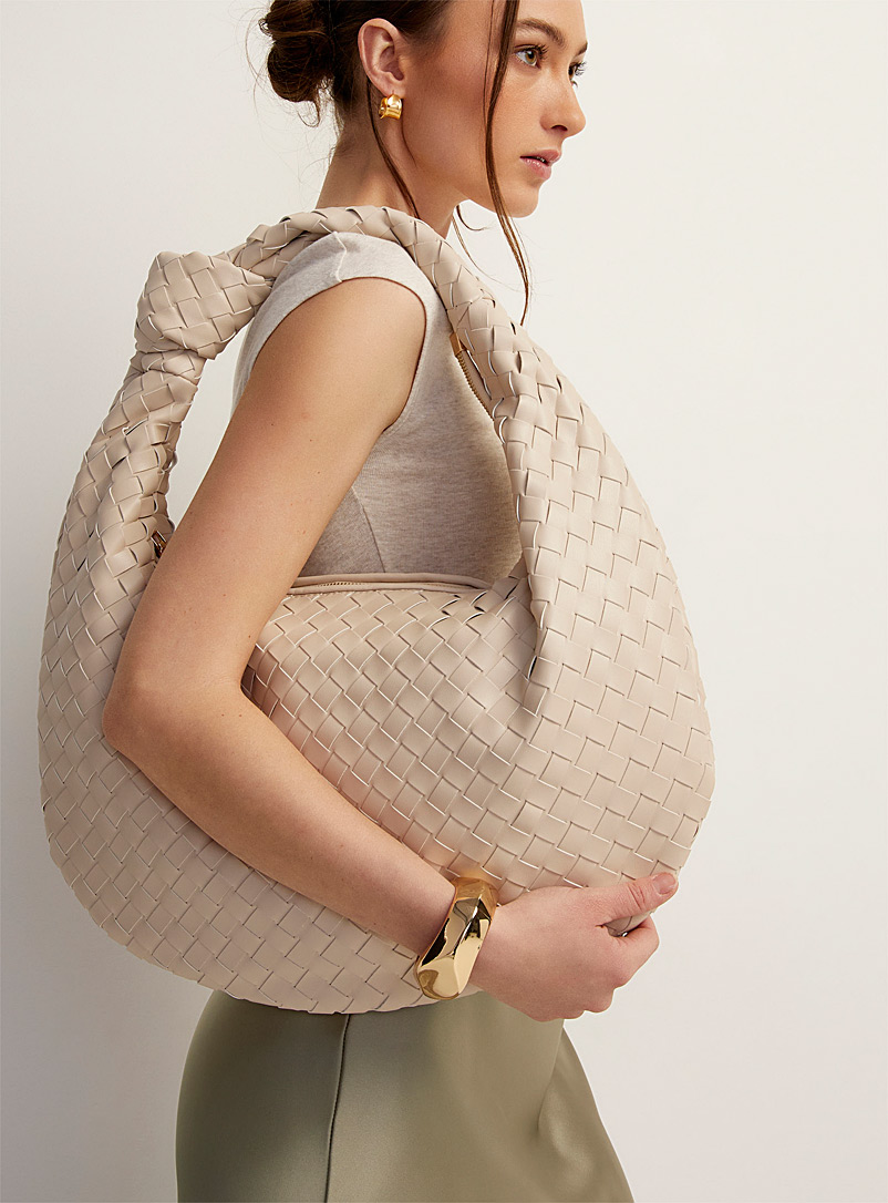 Melie Bianco Ivory/Cream Beige Katherine knot-handle braided oversized saddle bag for women