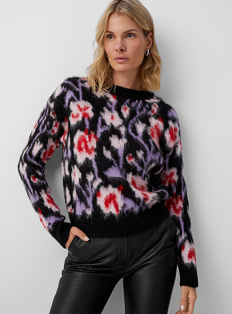 Contemporaine Patterned Black Brushed flowers jacquard sweater for women