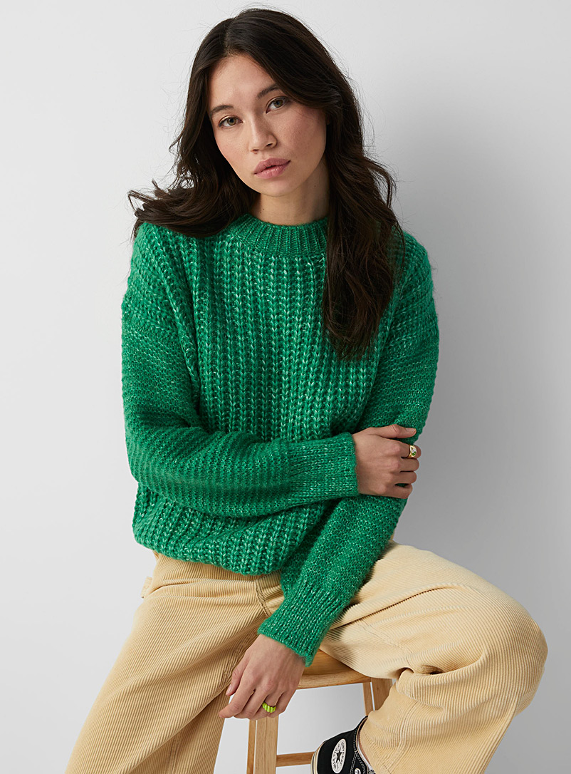Twik Kelly Green Puff-sleeve pigmented green sweater for women