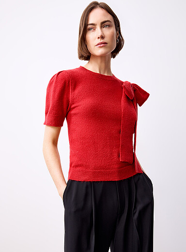 Contemporaine Burgundy XL bow short-sleeve sweater for women