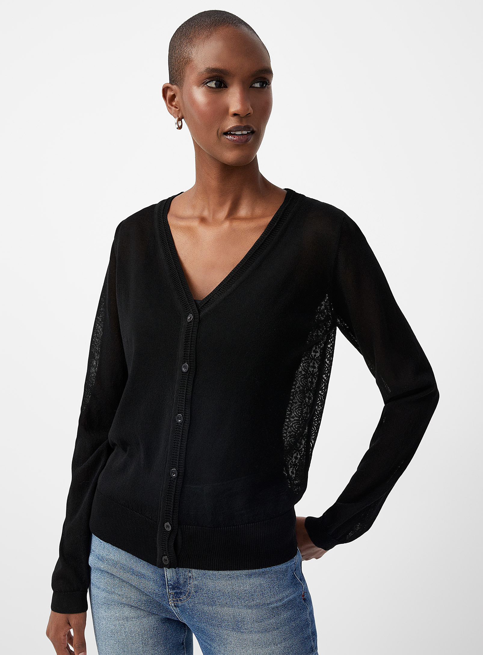 Contemporaine Lace Back Sheer Cardigan In Black