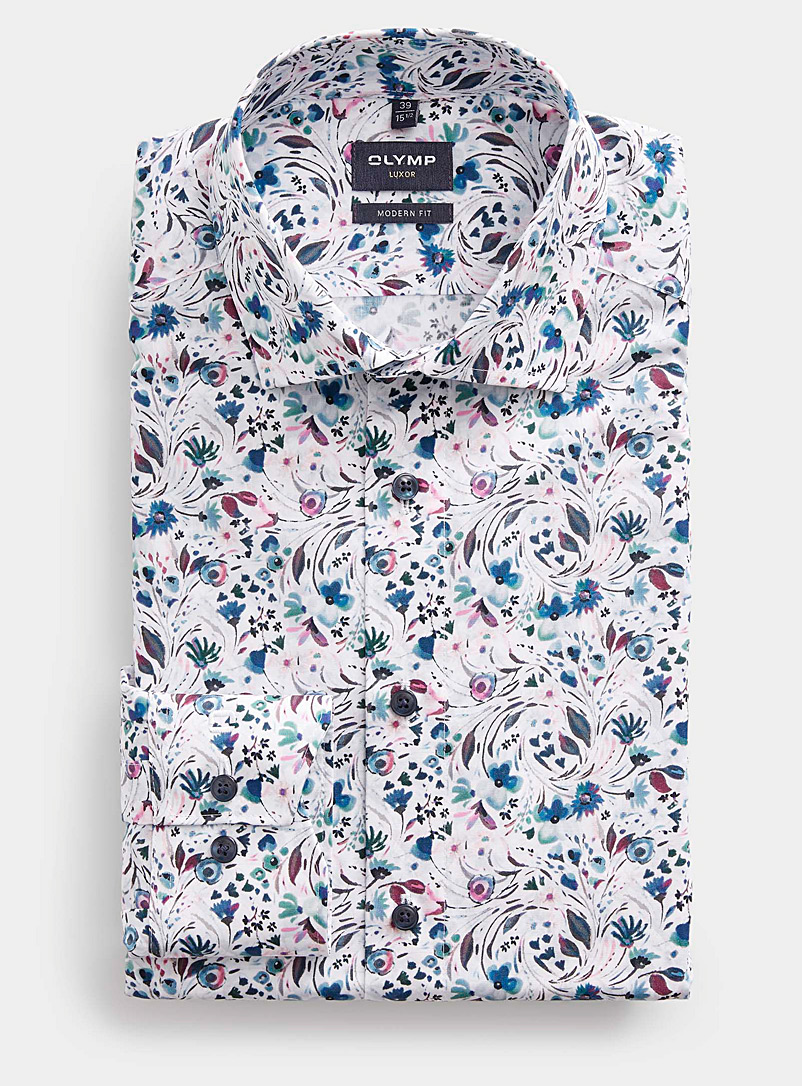 Olymp: La chemise végétation aquarelle Coupe confort Blanc à motif pour homme