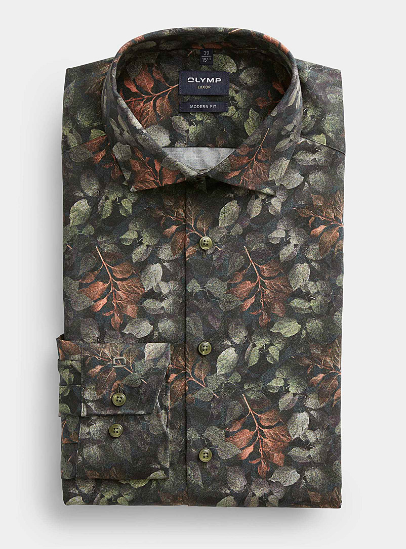 Olymp: La chemise feuillage nocturne Coupe moderne Vert foncé-mousse-olive pour homme