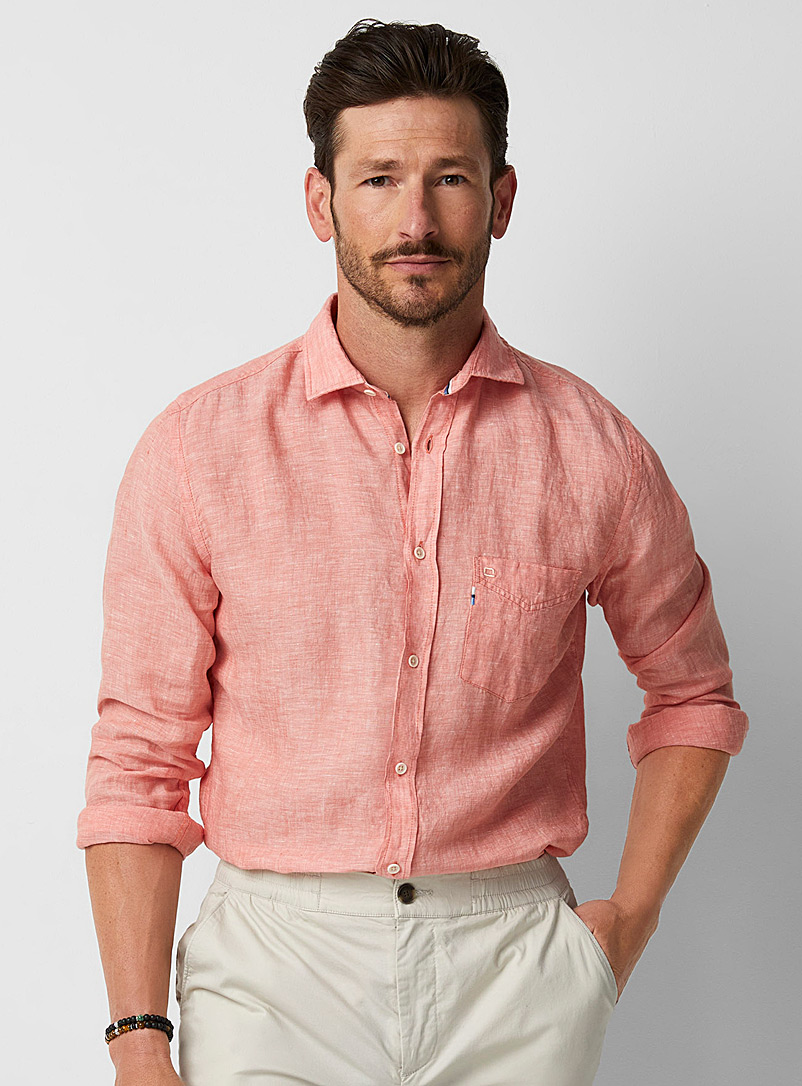 Olymp: La chemise pur lin effet chambray Orange corail pour homme