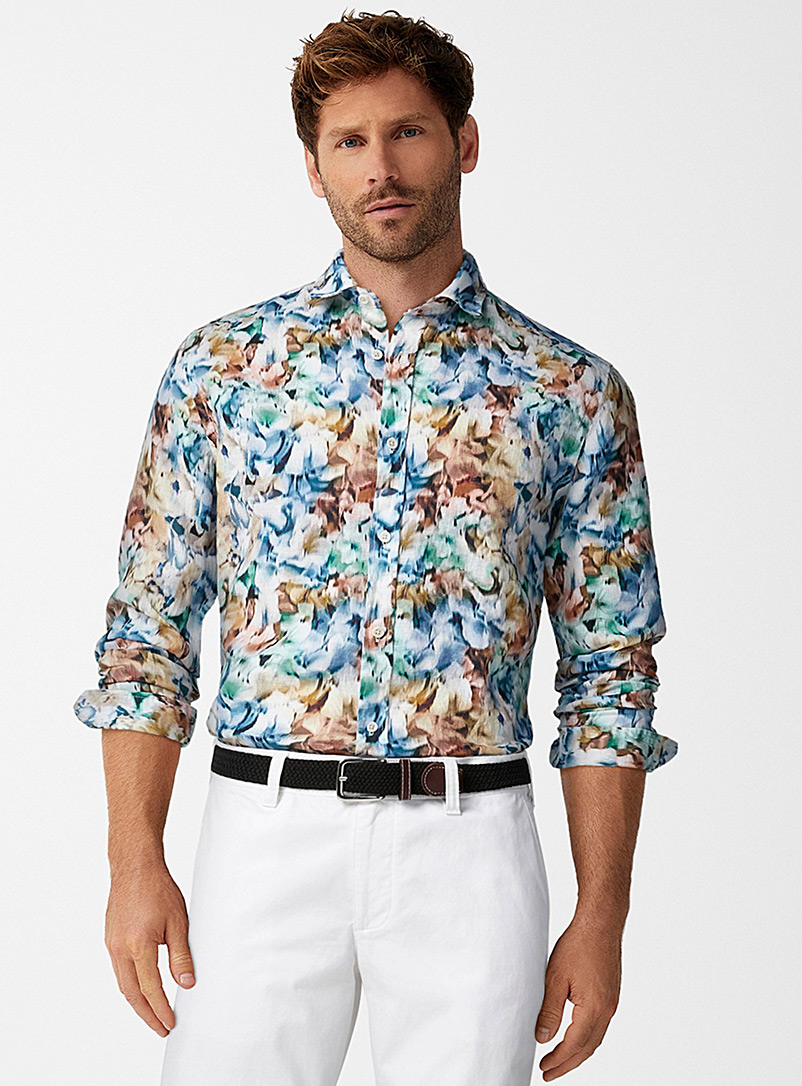 Olymp: La chemise pur lin abstraction florale Bleu à motifs pour homme