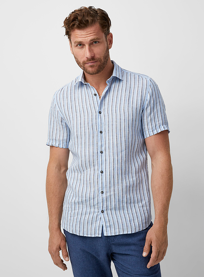 Olymp Blue Blue stripe pure linen shirt for men