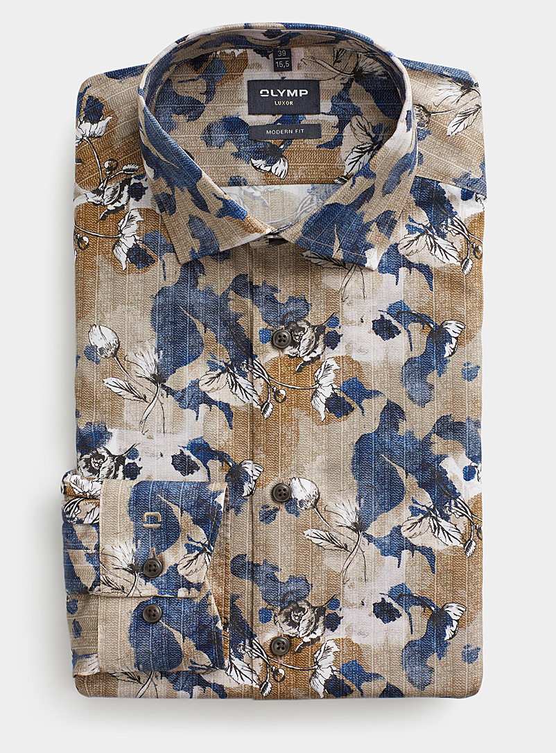 Olymp Patterned beige Blue accent floral tapestry shirt Modern fit for men