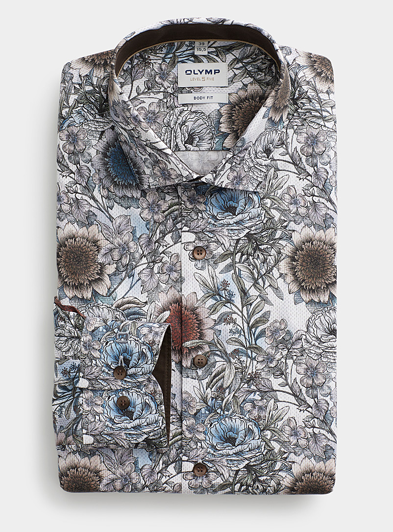 Olymp Patterned Blue Floral sketch shirt Semi-slim fit for men
