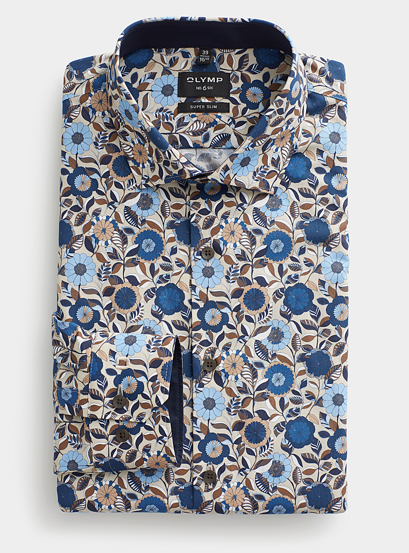 Olymp Patterned Blue Summery floral shirt Extra slim fit for men