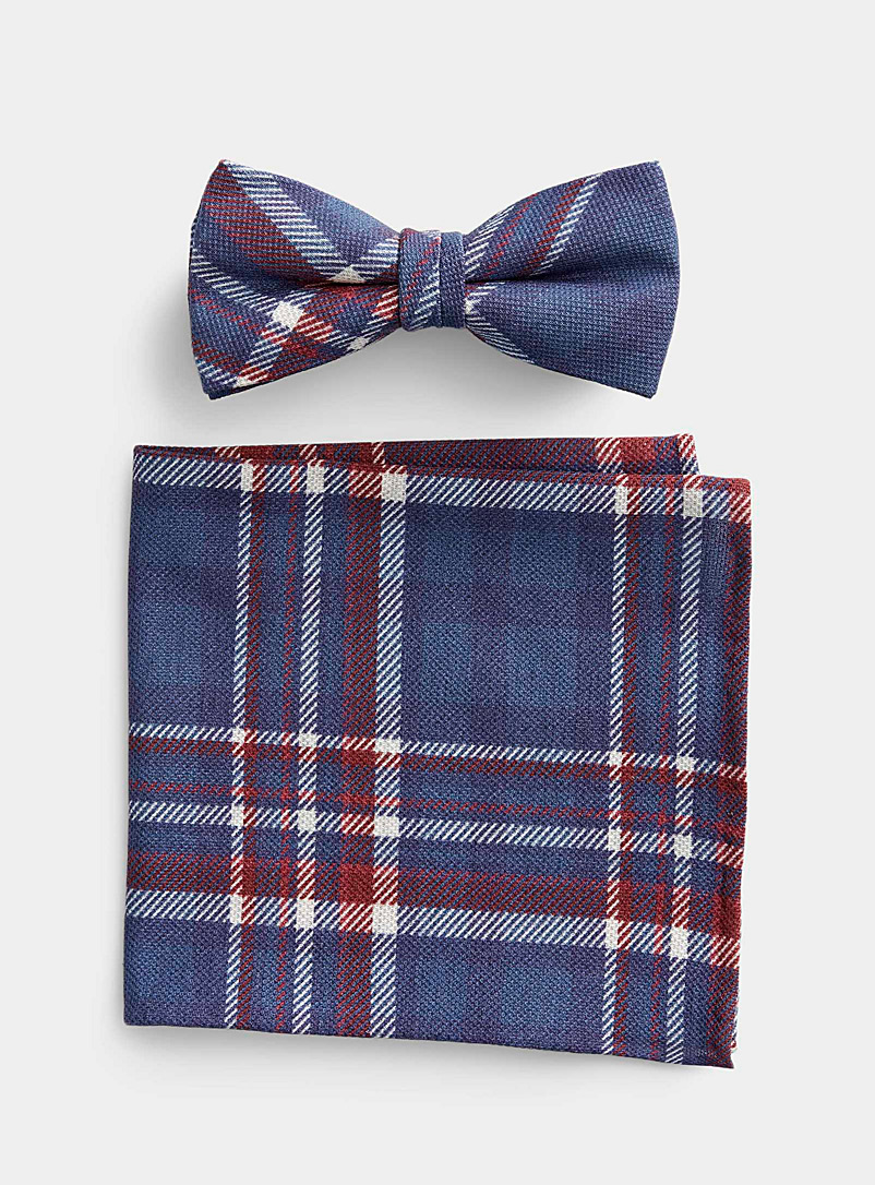 Olymp Marine Blue Woven check bow tie and pocket square set for men
