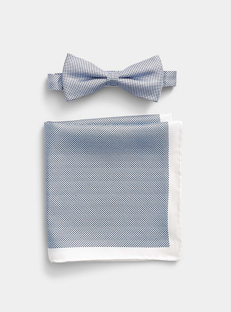 Olymp Blue Geo mini-pattern bow tie and pocket square set for men