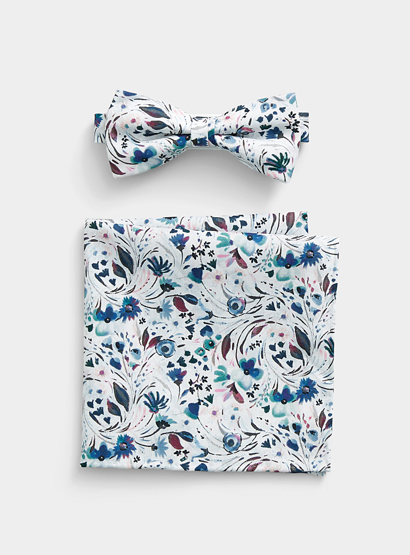 Olymp White Painterly floral bow tie and pocket square set for men