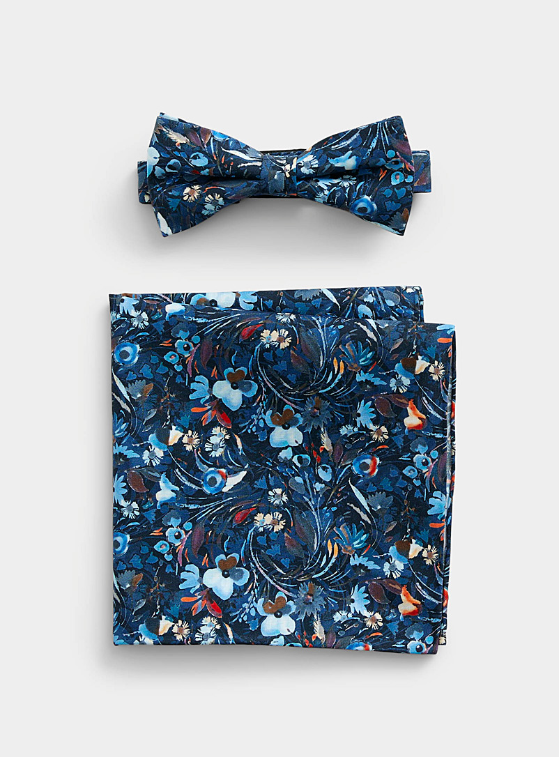 Olymp Navy/Midnight Blue Painterly floral bow tie and pocket square set for men