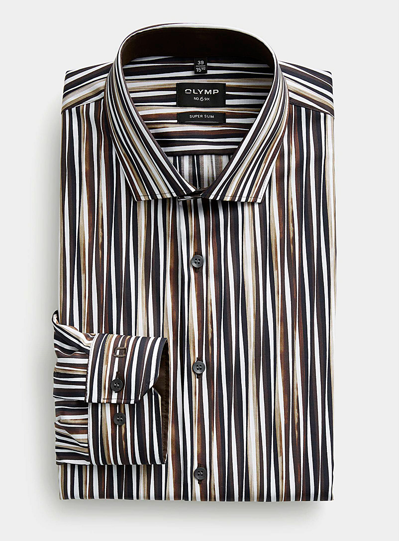 Olymp Brown Retro-stripe stretch shirt Extra slim fit for men