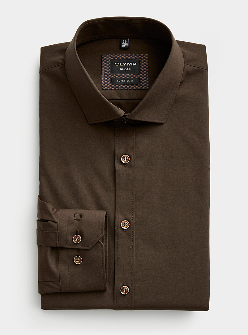 Olymp: La chemise extensible monochrome Coupe très ajustée Brun foncé pour homme