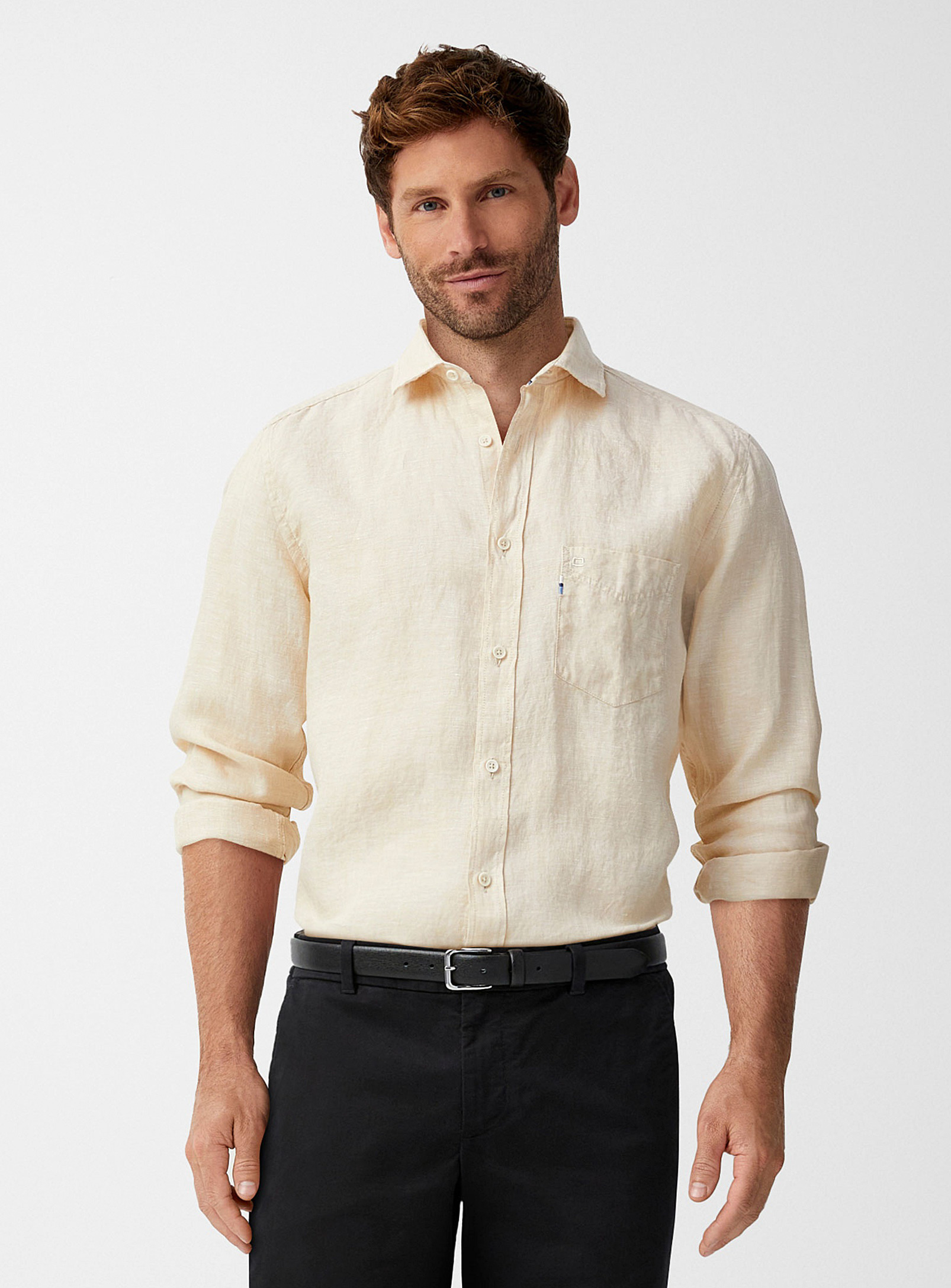 Olymp Chambray-like Pure Linen Shirt In Ivory/cream Beige