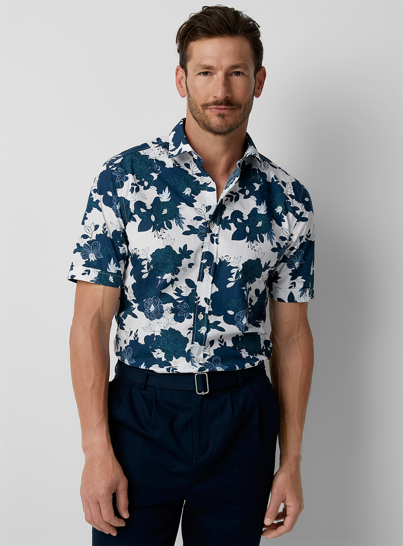 Olymp Floral Blue Shirt In White
