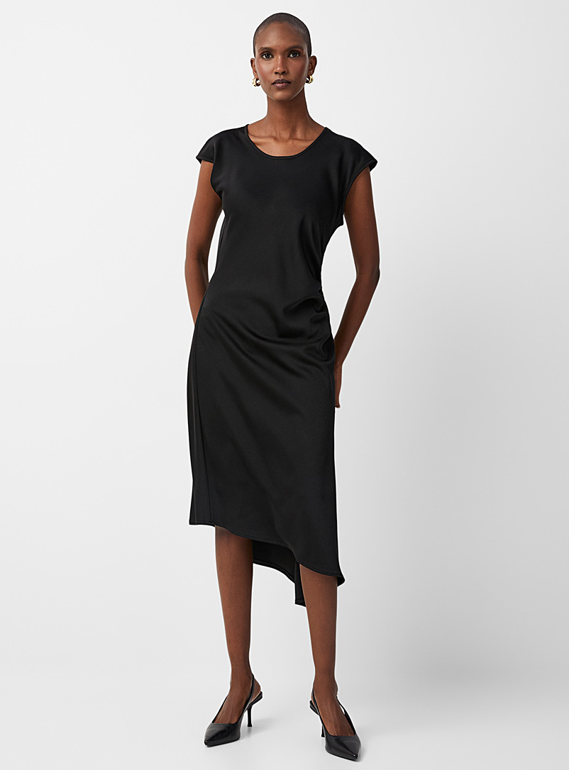 Up! Black Gathered waist asymmetrical satiny dress for women