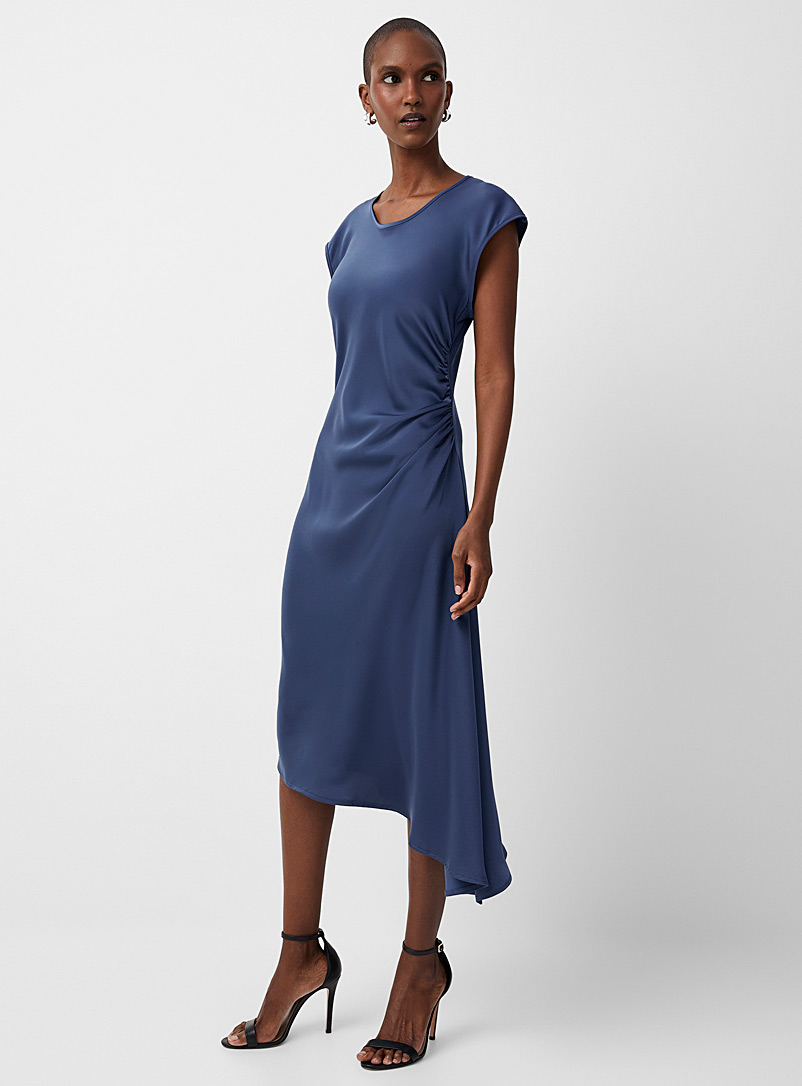 Up! Navy/Midnight Blue Gathered waist asymmetrical satiny dress for women