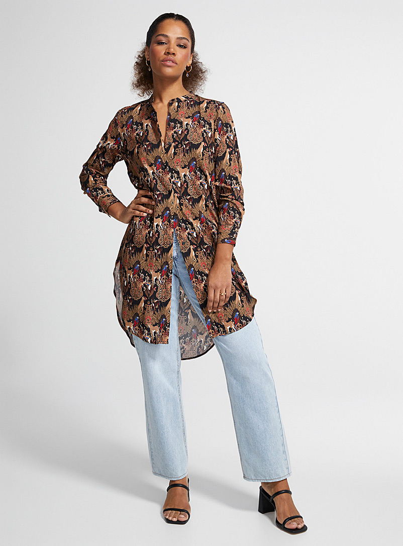 Icône Patterned Black Summer print elongated blouse for women