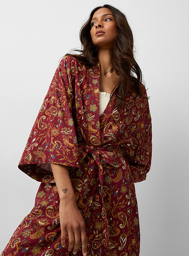 Icône: Le kimono ceinturé imprimé estival Rouge à motifs pour femme